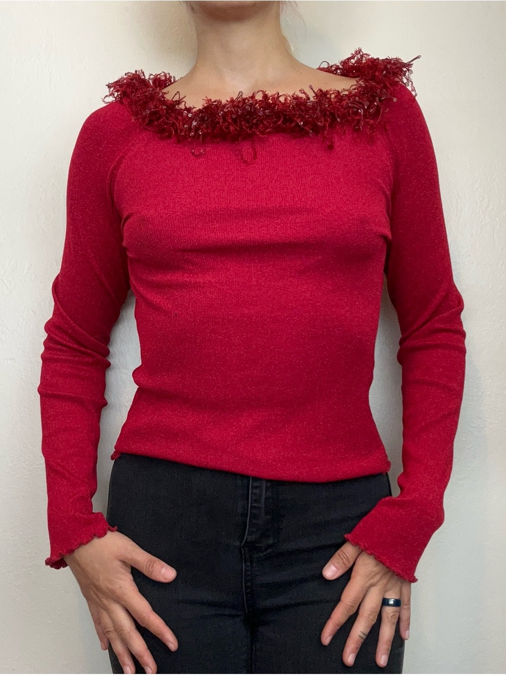 XOXO Red Off-the-Shoulder Fringe Trim Sweater
